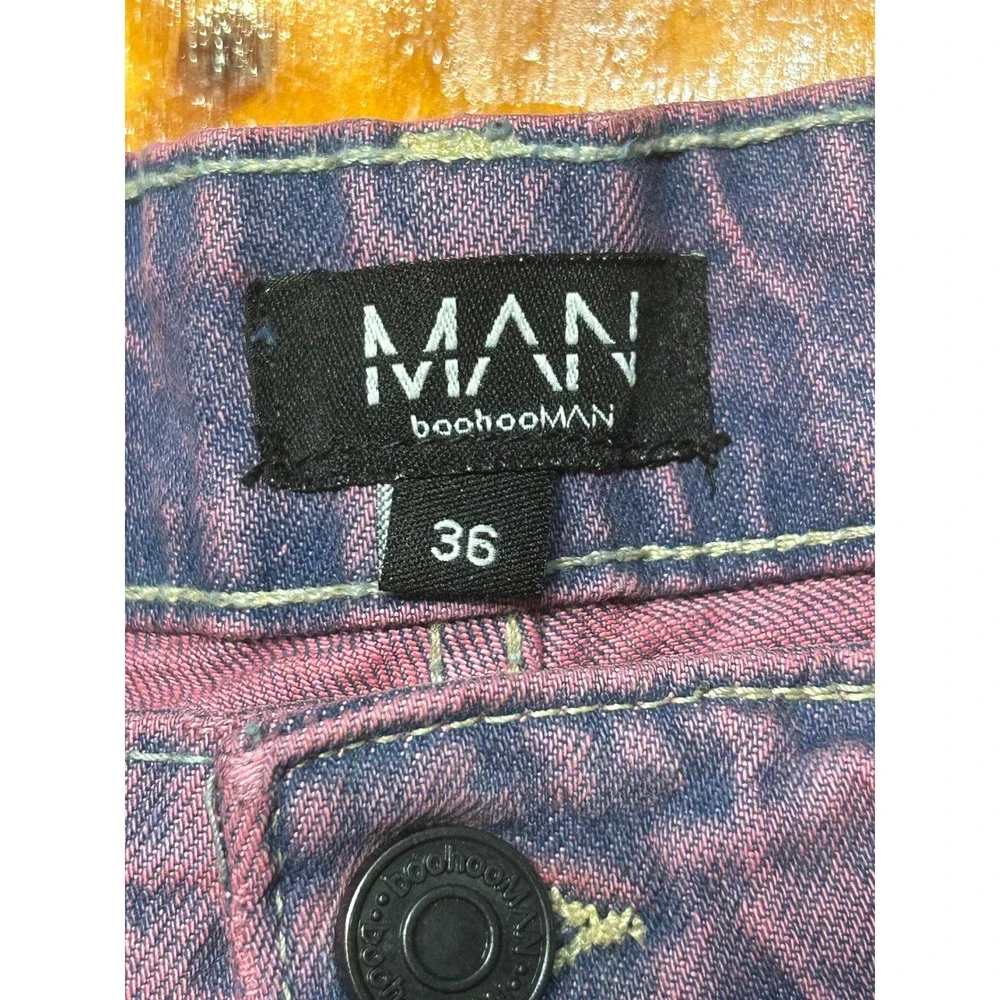 boohooMAN Mens Y2K‎ Grunge Relaxed Rigid Tinted Jeans Pink Purple Ripped Knee